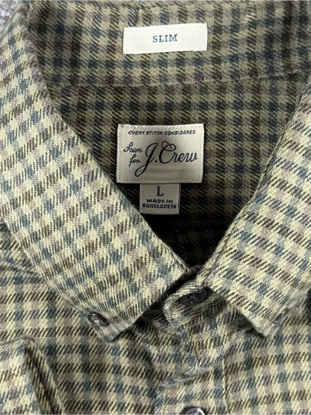 J Crew Houndstooth Flannel Shirt Mens Large Olive Green Plaid Elbow Patches Slim